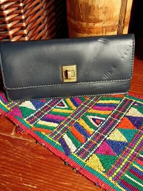 Michael Kors Dark Navy  Leather  Flat Wallet with Gold Yone  Turn-Lock Closure